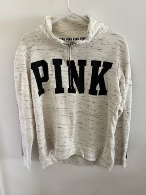 PINK Victoria's Secret Ivory Heather Half-Zip Hoodie with Black Logo